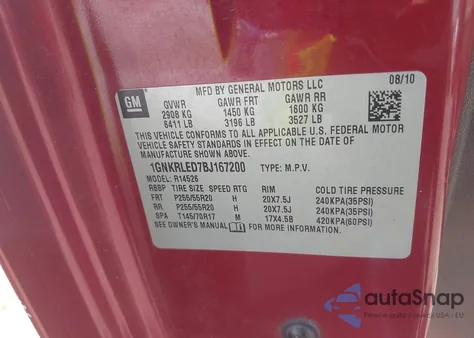 2011 Chevrolet Traverse Ltz из США, поврежденный, VIN 1GNKRLED7BJ167200